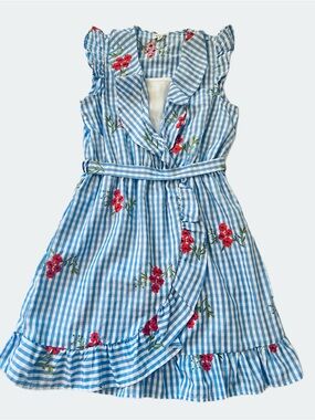 Monteau Blue Gingham Faux Wrap Dress